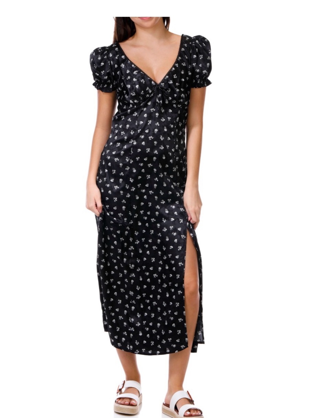 Crystal Doll Juniors Puff Sleeve Floral Slit Midi Dress Small